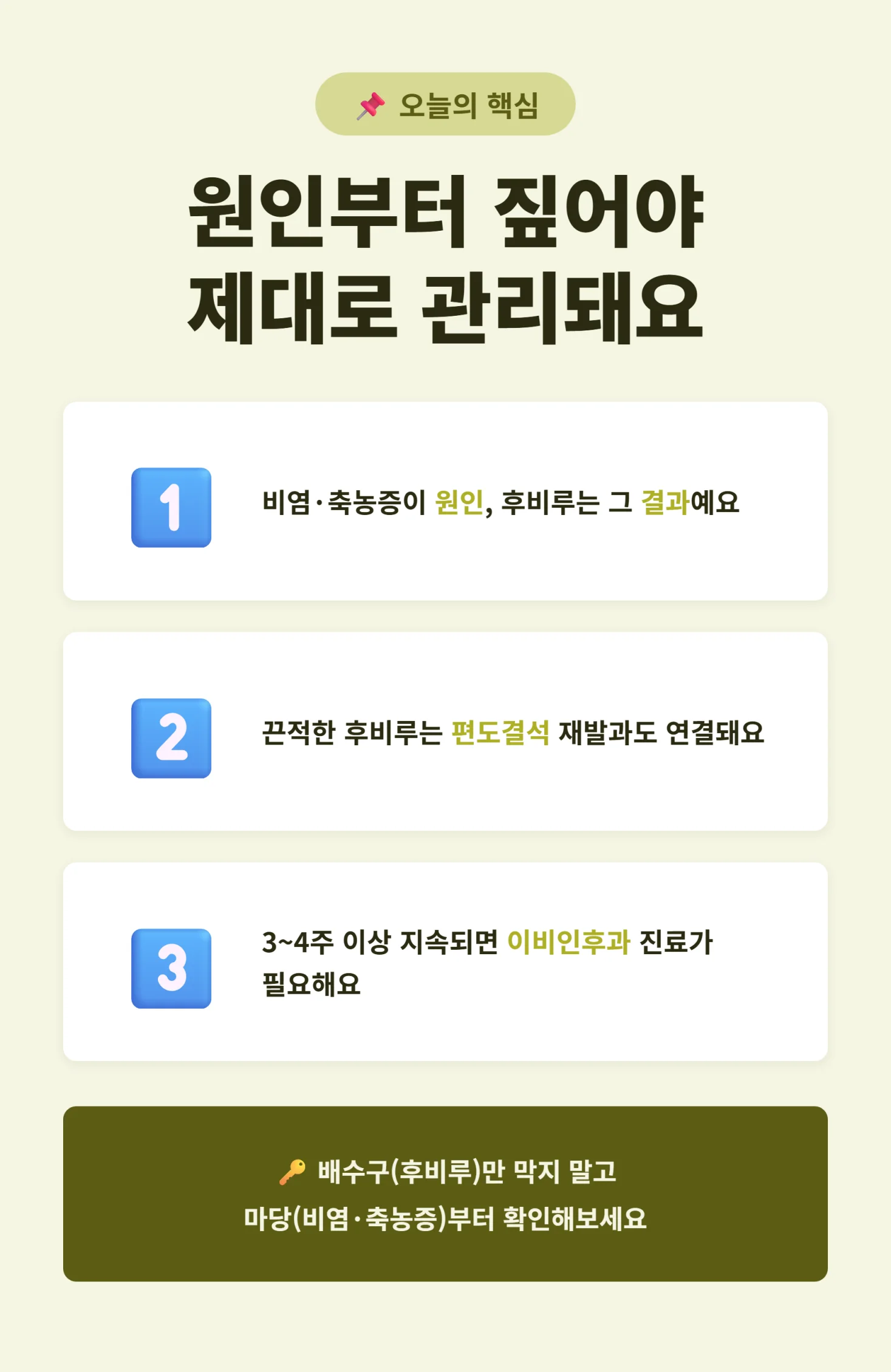 후비루는 결과이고 비염이 원인이라는 핵심 요약 인포그래픽