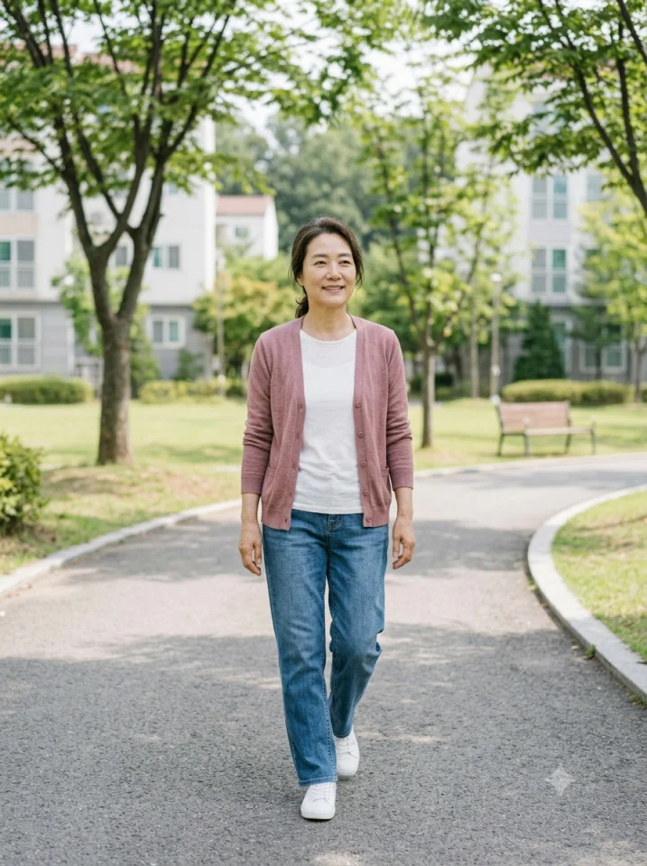 편안하게 산책하는 여성의 회복 후 일상 모습