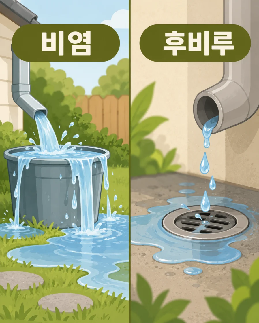 마당에 물이 넘치는 비염과 배수구로 고이는 후비루 비유 일러스트