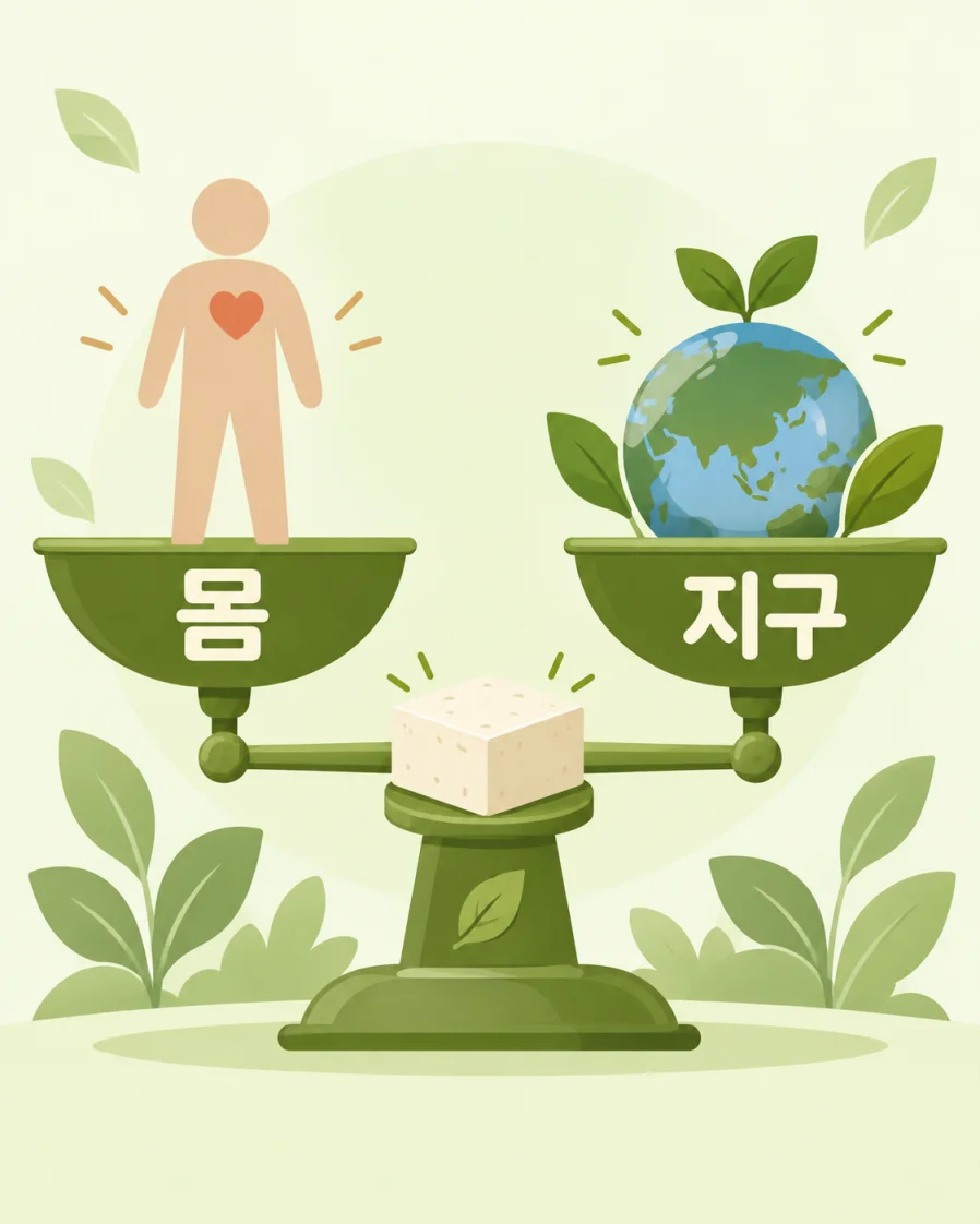 몸과 지구를 저울 양쪽에 올려 함께 평가하는 개념 일러스트