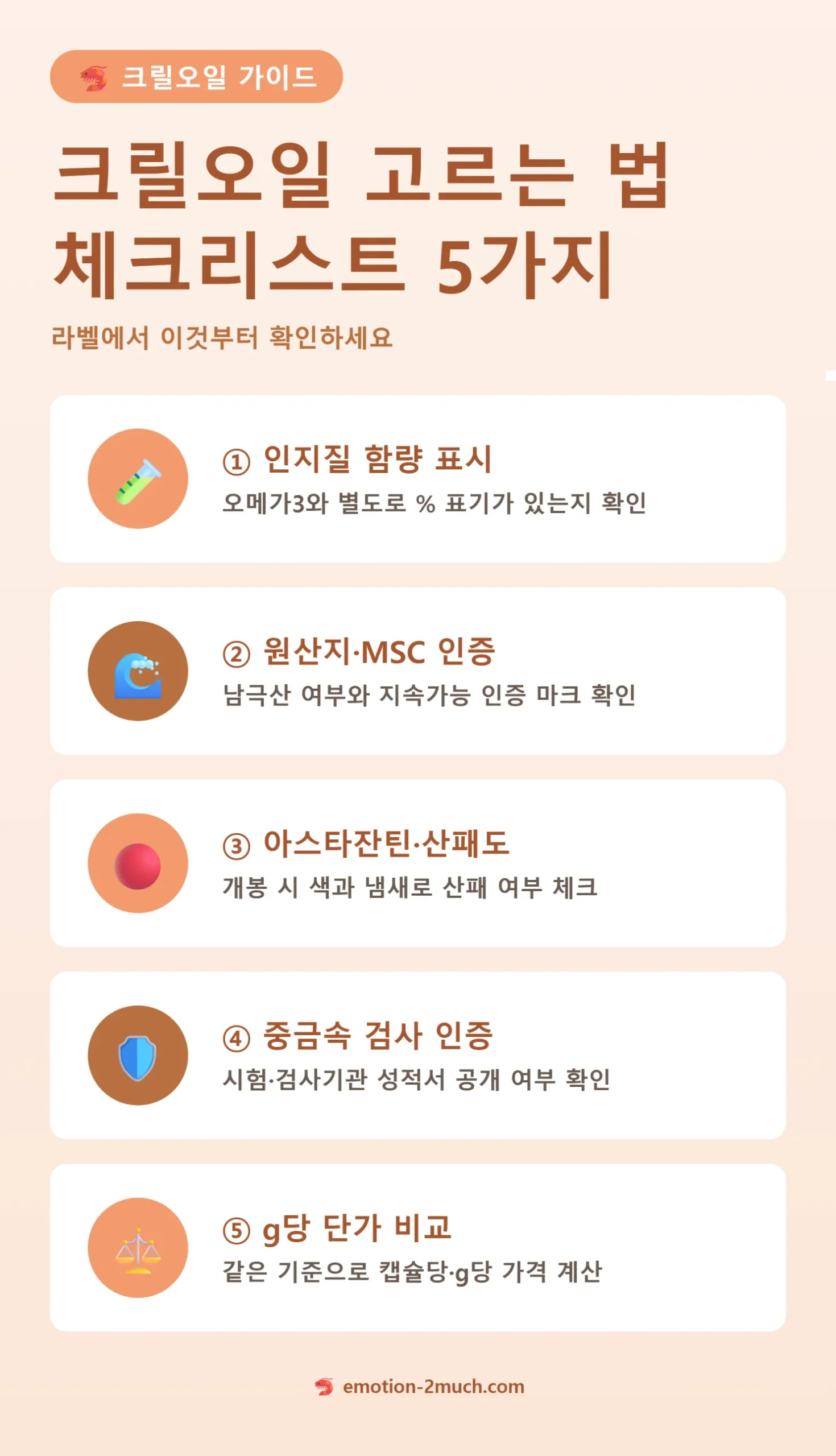 크릴오일 고르는 법 체크리스트 5가지 요약 카드