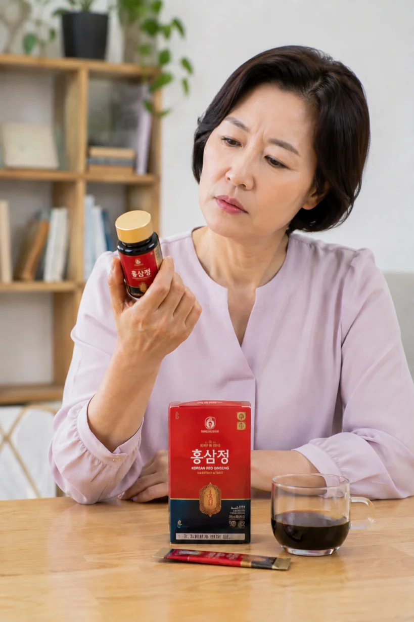 홍삼 진세노사이드 Rg3를 보며 고민하는 중년 여성