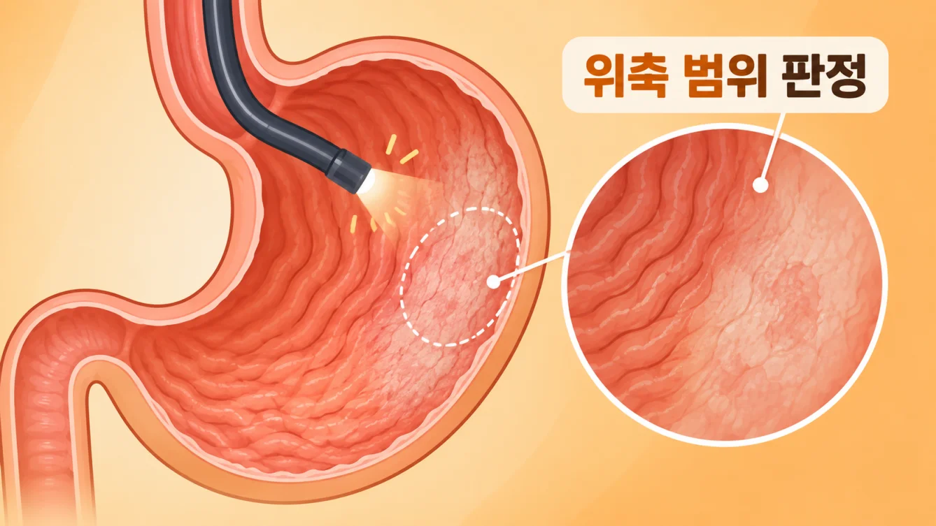 내시경 조직검사로 위 점막 상태를 판정하는 과정 의학 일러스트