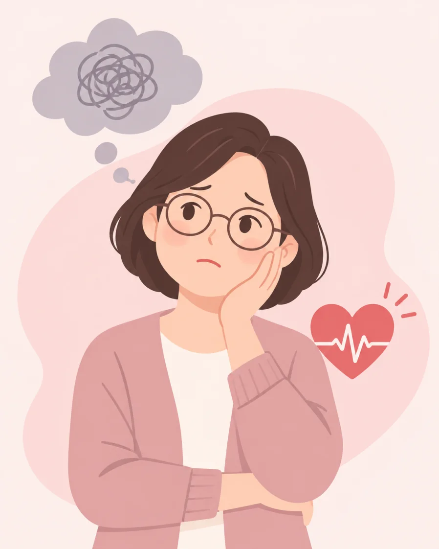 두근거림과 브레인 포그를 겪는 여성 일러스트