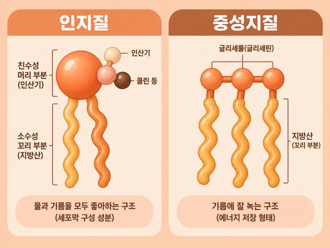 인지질과 중성지질 구조를 비교한 일러스트