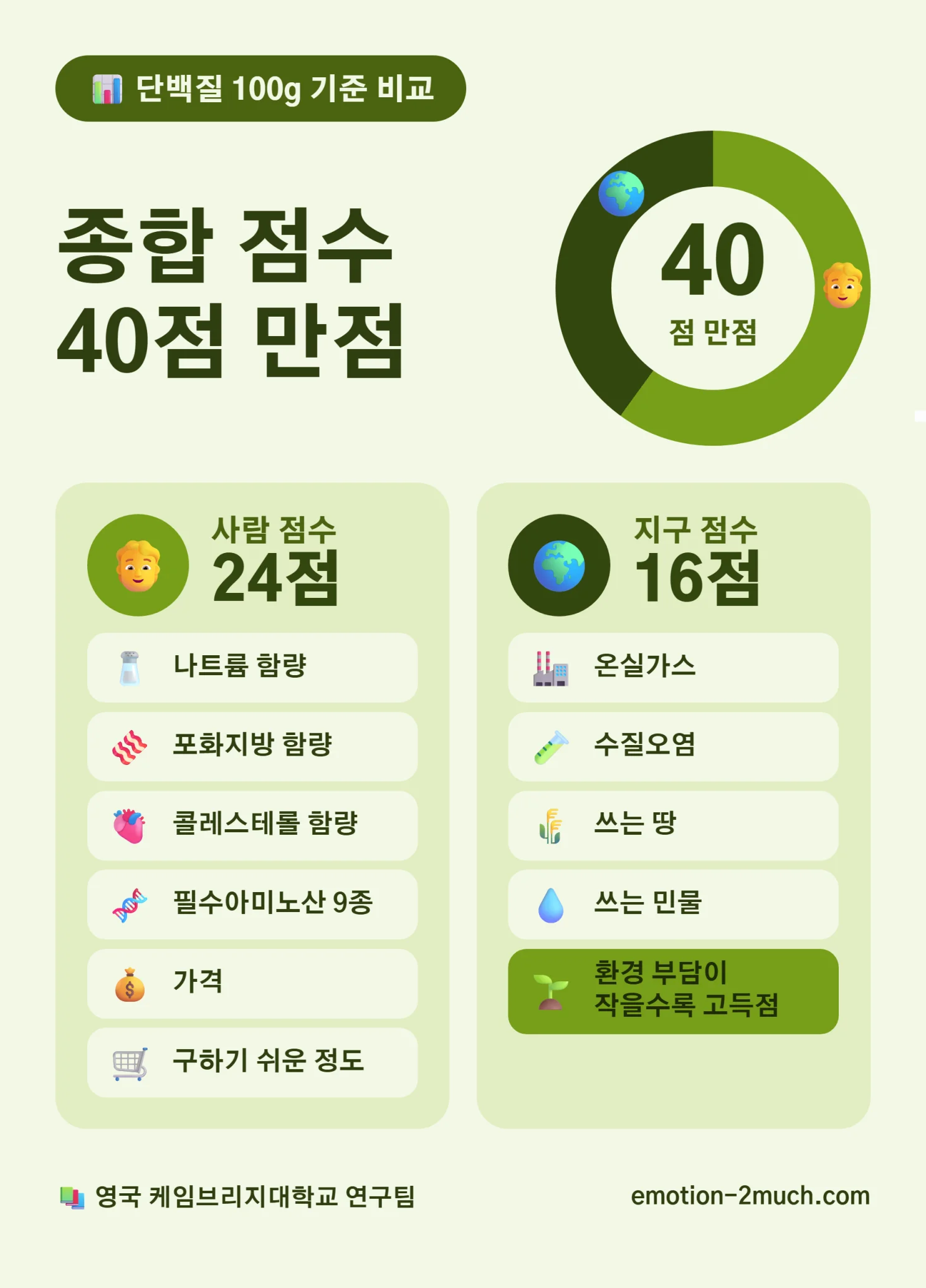 단백질 종합 점수 40점 만점의 사람 점수와 지구 점수 구성 인포그래픽