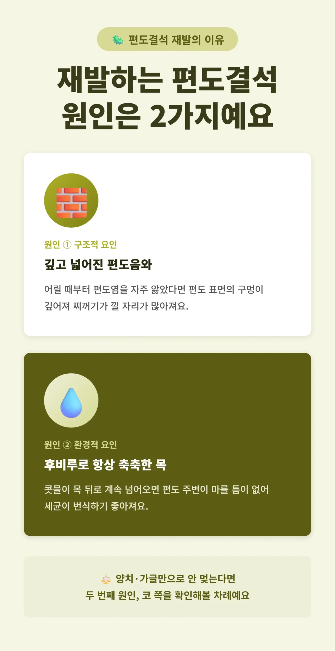 편도결석 재발 원인 2가지를 비교한 인포그래픽