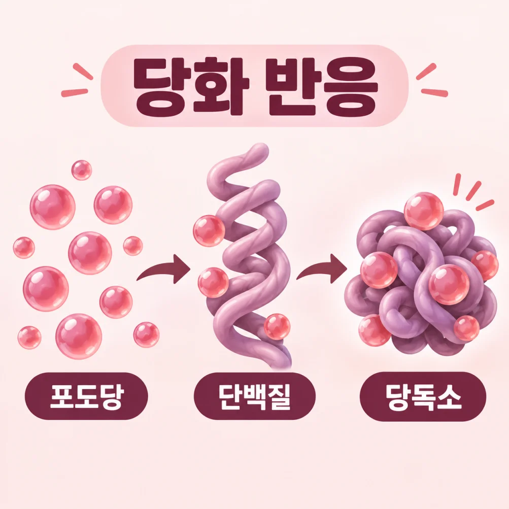 포도당과 단백질이 결합해 당독소가 만들어지는 당화 반응 의학 일러스트