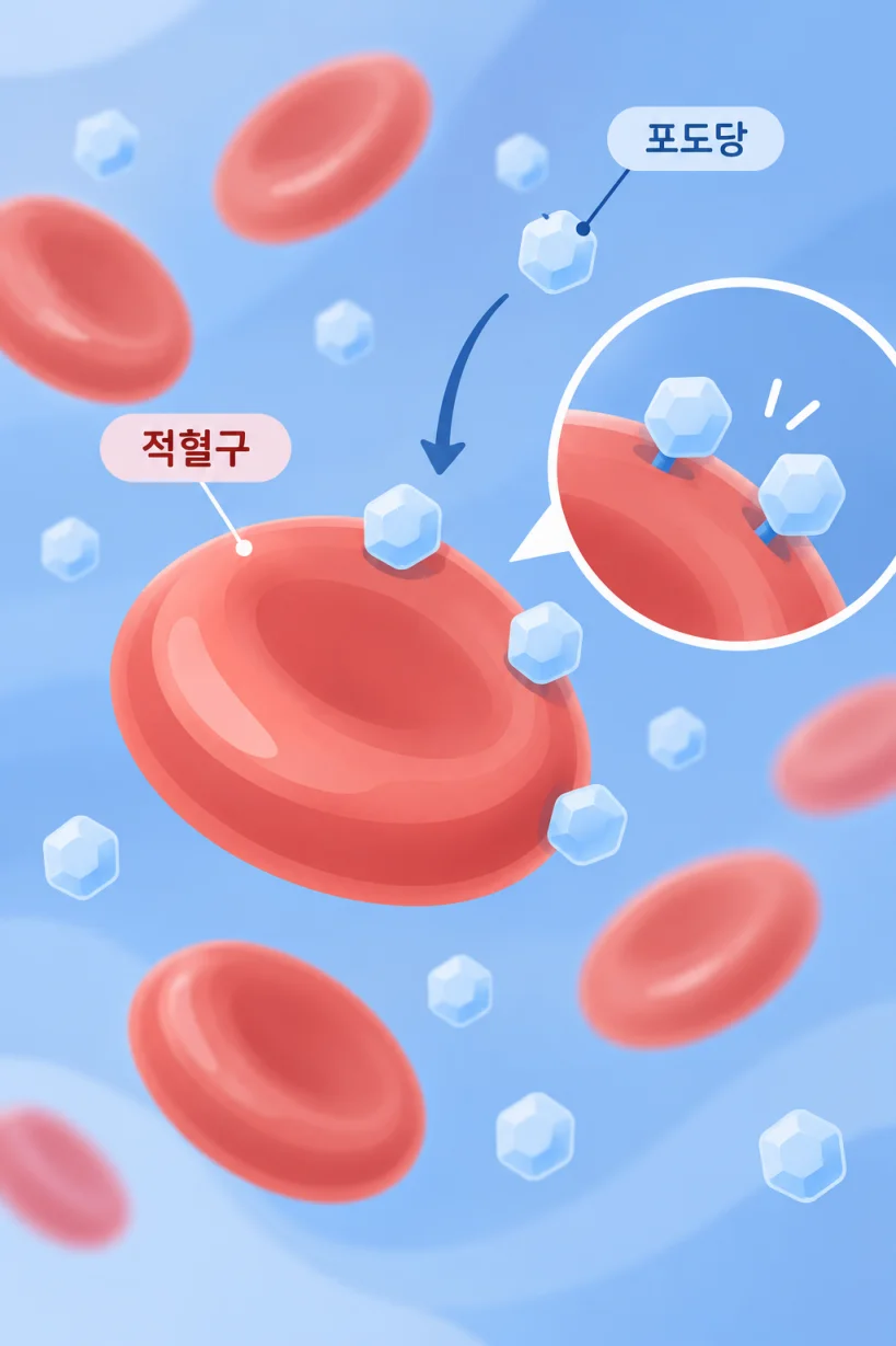 적혈구와 포도당이 결합하는 과정을 표현한 일러스트