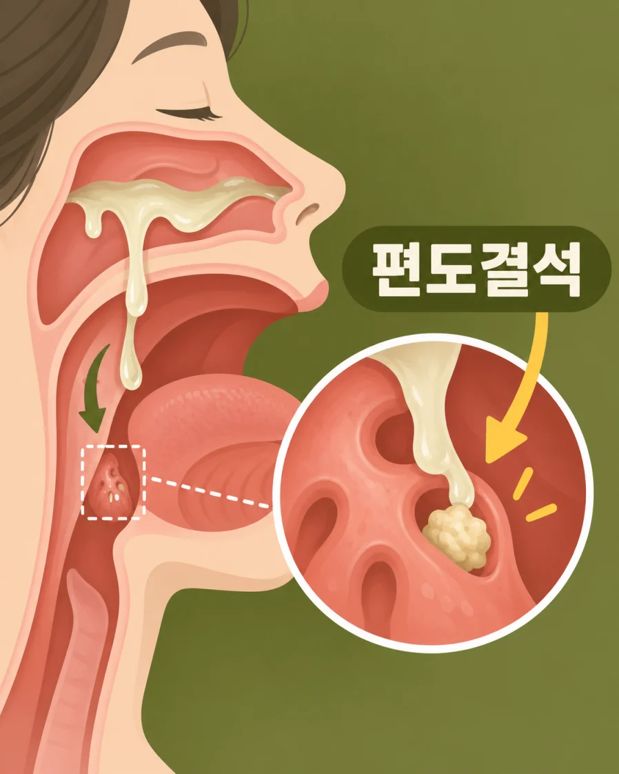 끈적한 콧물이 편도음와에 고여 편도결석이 생기는 과정 일러스트