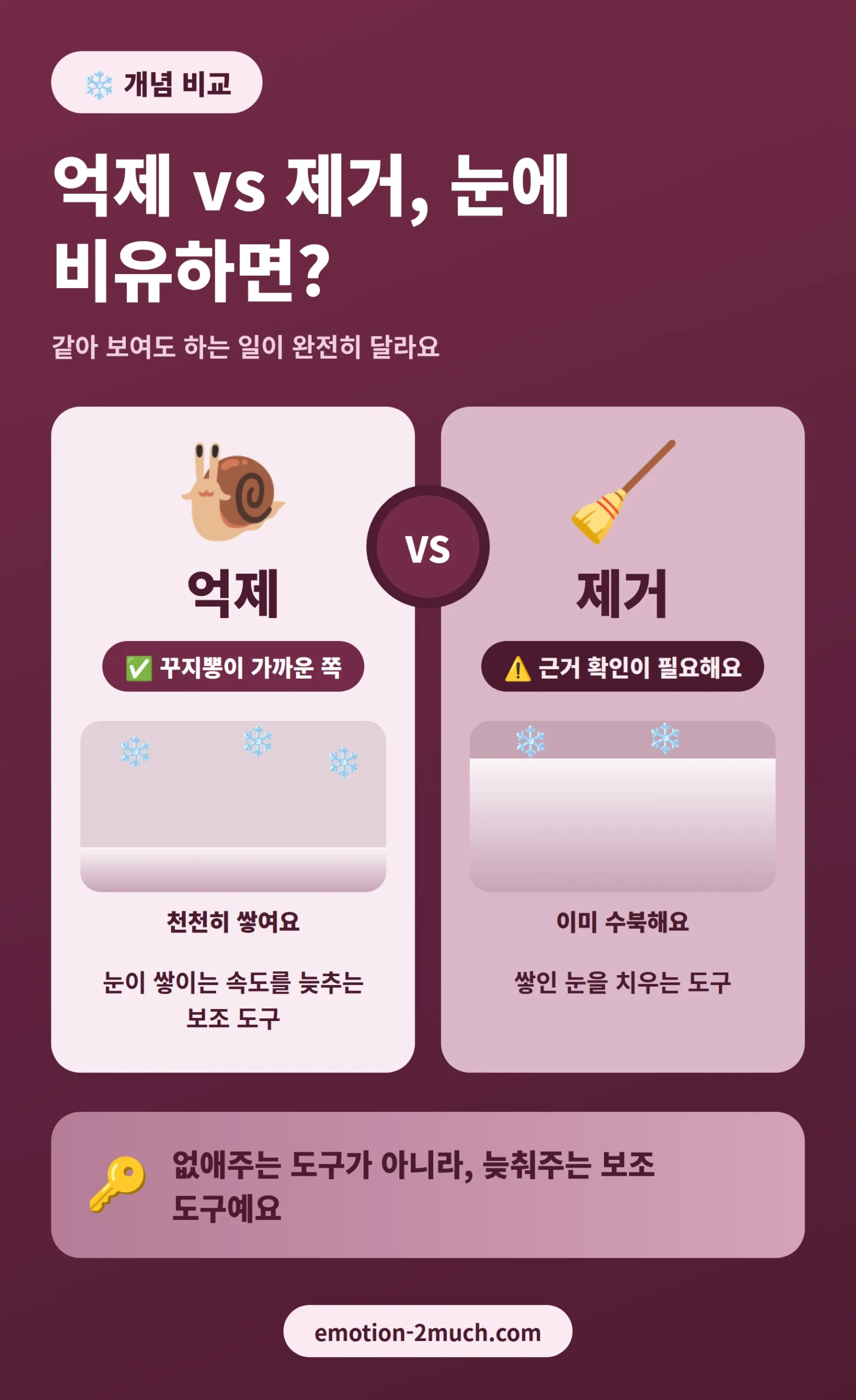 당화 억제와 제거의 차이를 눈 쌓임에 비유한 인포그래픽