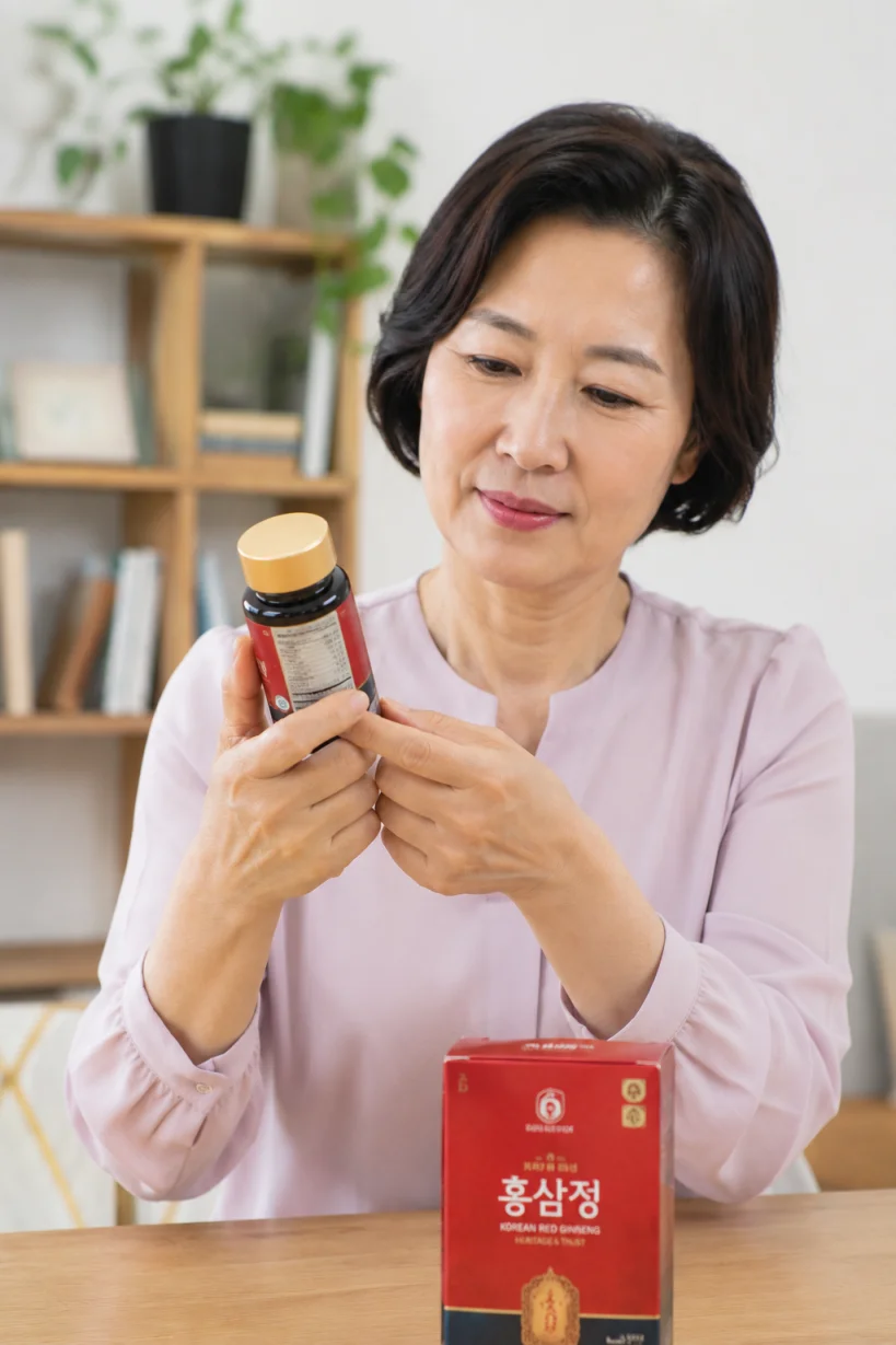 홍삼 제품 라벨을 꼼꼼히 확인하는 모습