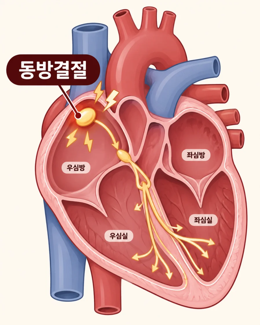 동방결절의 전기 신호 이상을 표현한 의학 일러스트