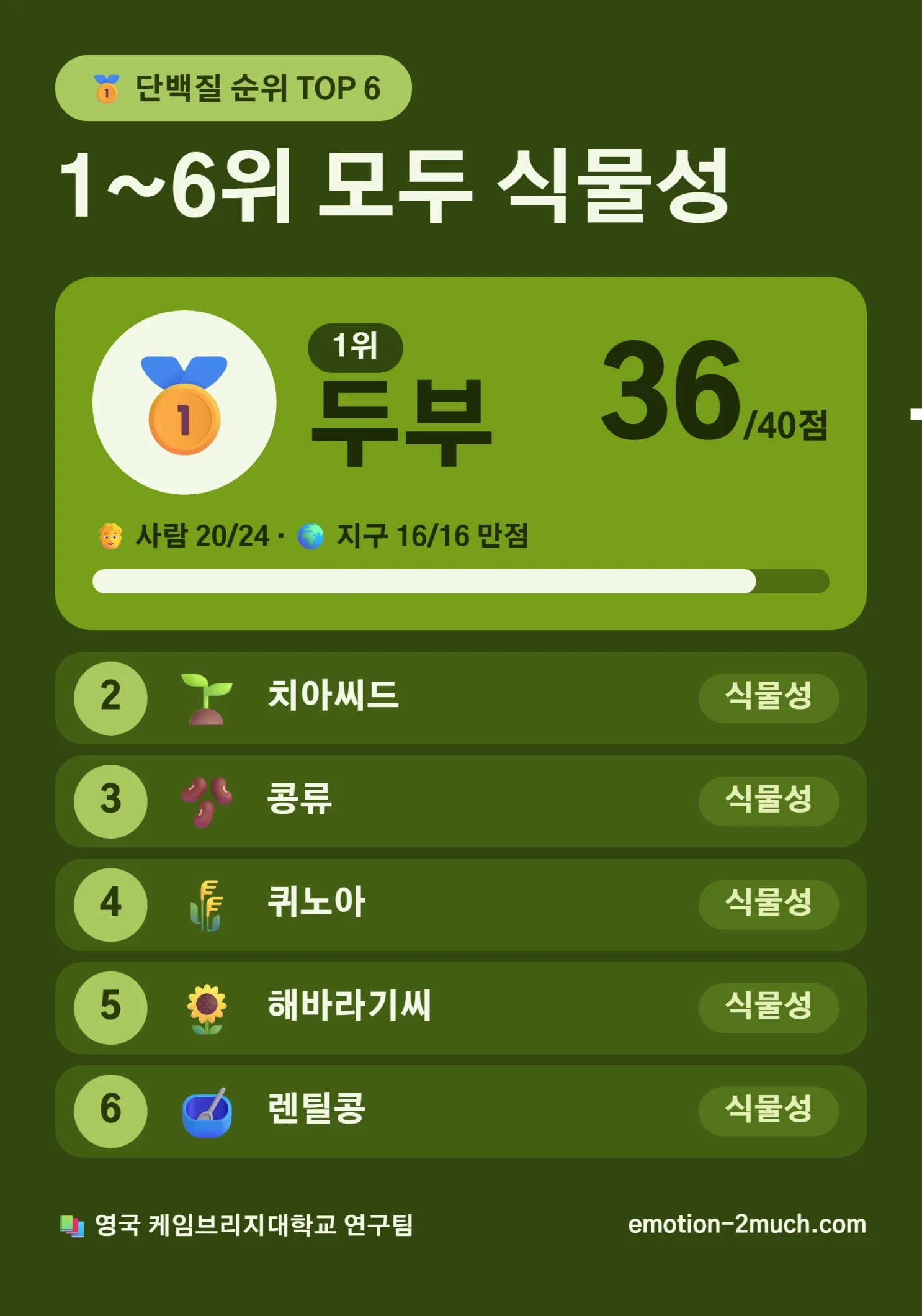 단백질 순위 상위 6개 식물성 식품을 정리한 인포그래픽