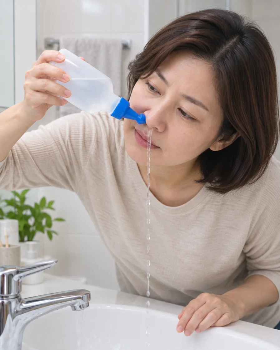 생리식염수로 코 세척하는 모습