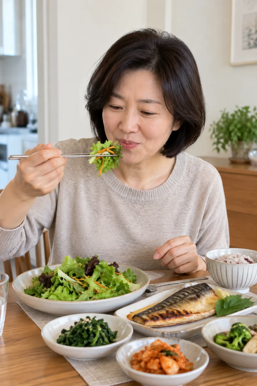 채소와 단백질을 먼저 먹는 식사 순서 실천 실사 이미지
