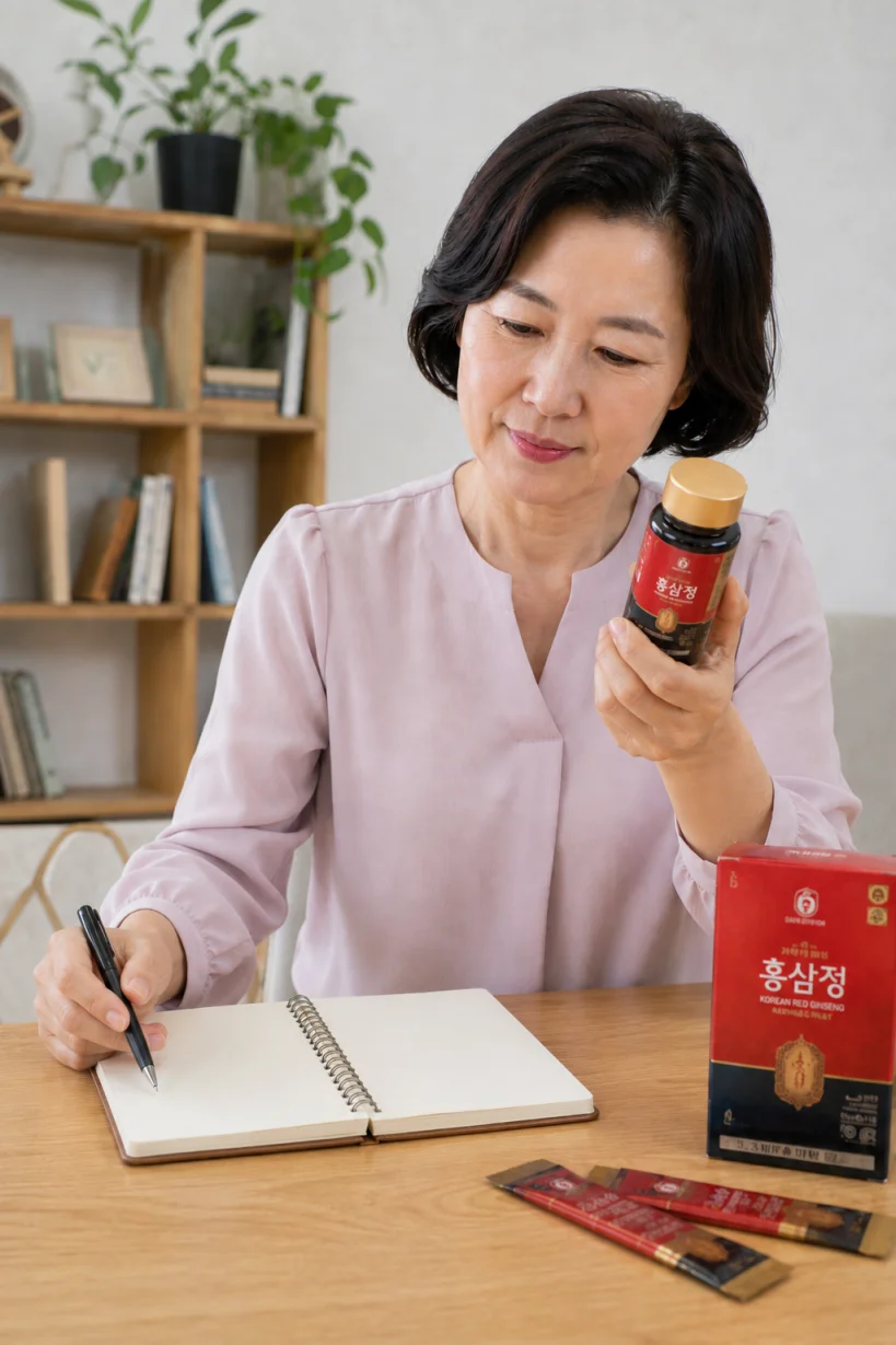 홍삼 제품과 체크리스트를 작성하는 모습