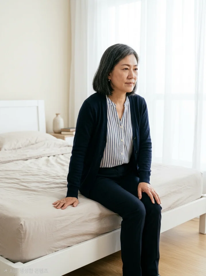 누웠다 천천히 단계적으로 일어나는 여성