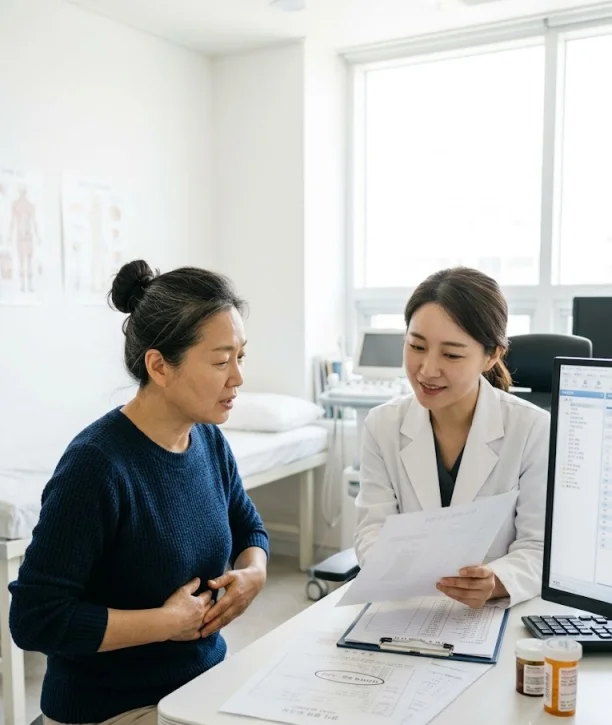 새로운 증상으로 병원에서 진료받는 모습