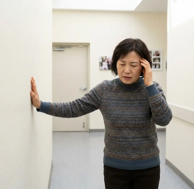어지럼증을 느끼며 벽을 짚는 모습