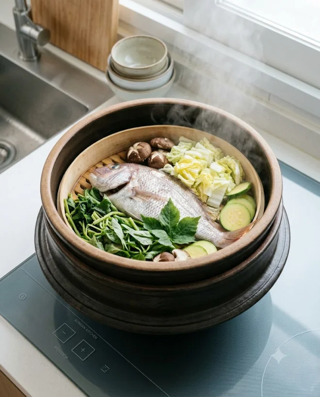 찜기로 저온 조리하는 모습