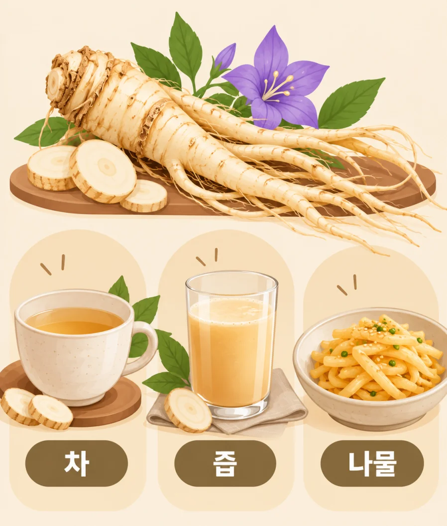 도라지차 즙 나물 세 가지 섭취 방법을 표현한 일러스트