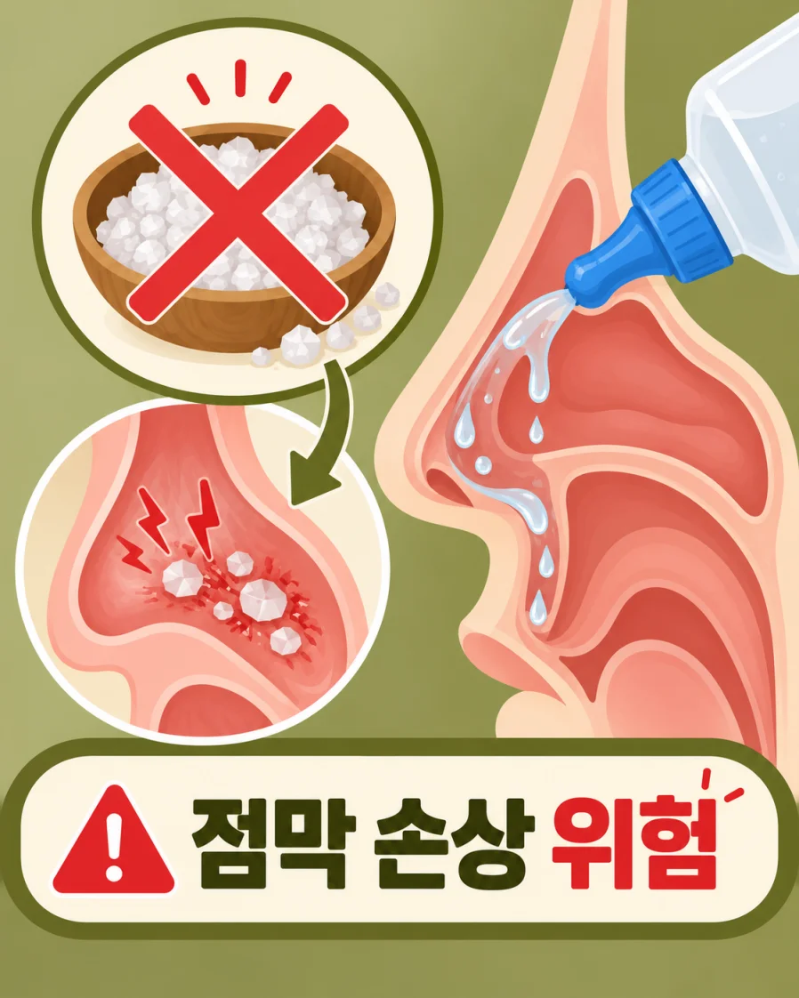 굵은소금 코 세척을 하지 말라는 경고 일러스트