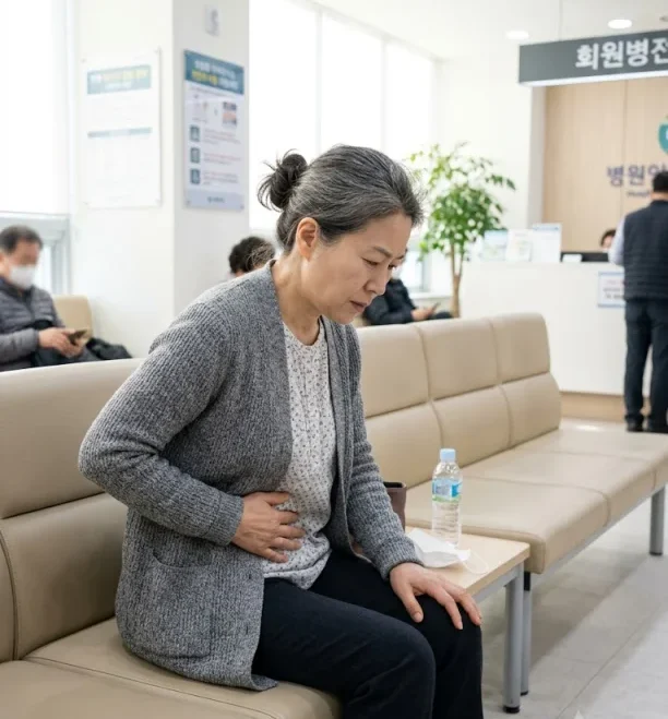 복통으로 병원을 찾은 중년 여성 실사