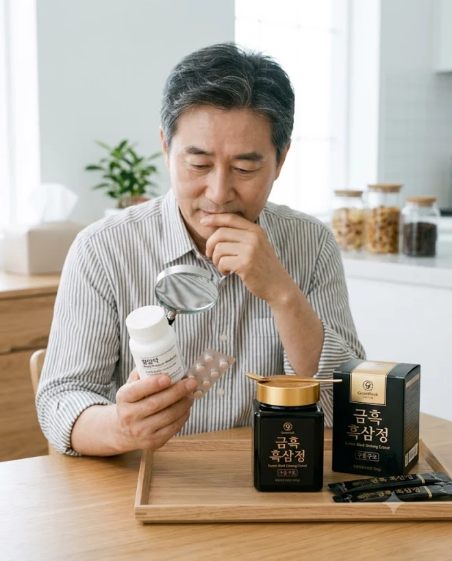 흑삼 섭취 전 혈압약을 확인하는 모습