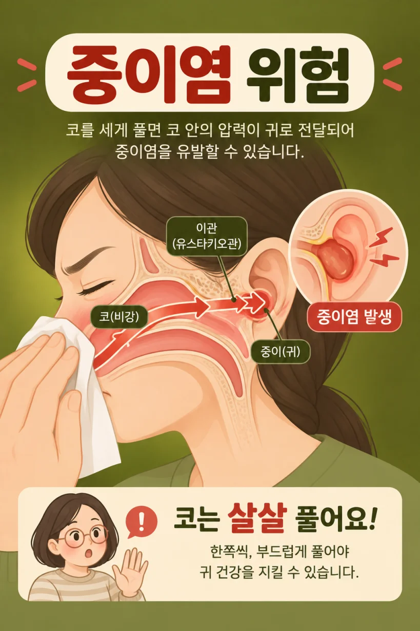 코를 세게 풀면 압력이 역류하는 경로를 표현한 경고 일러스트