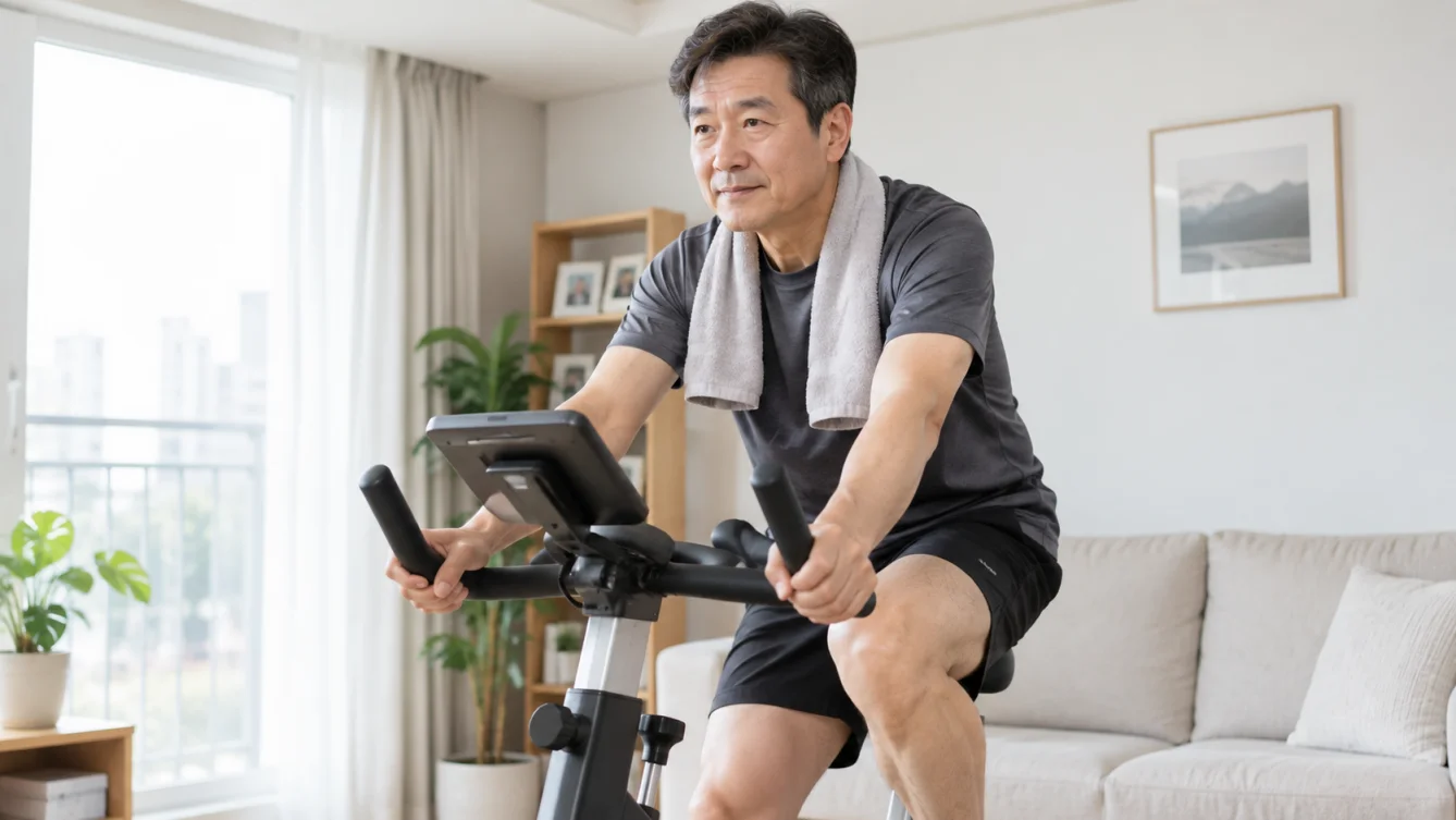 실내자전거를 타는 중년 남성 실사