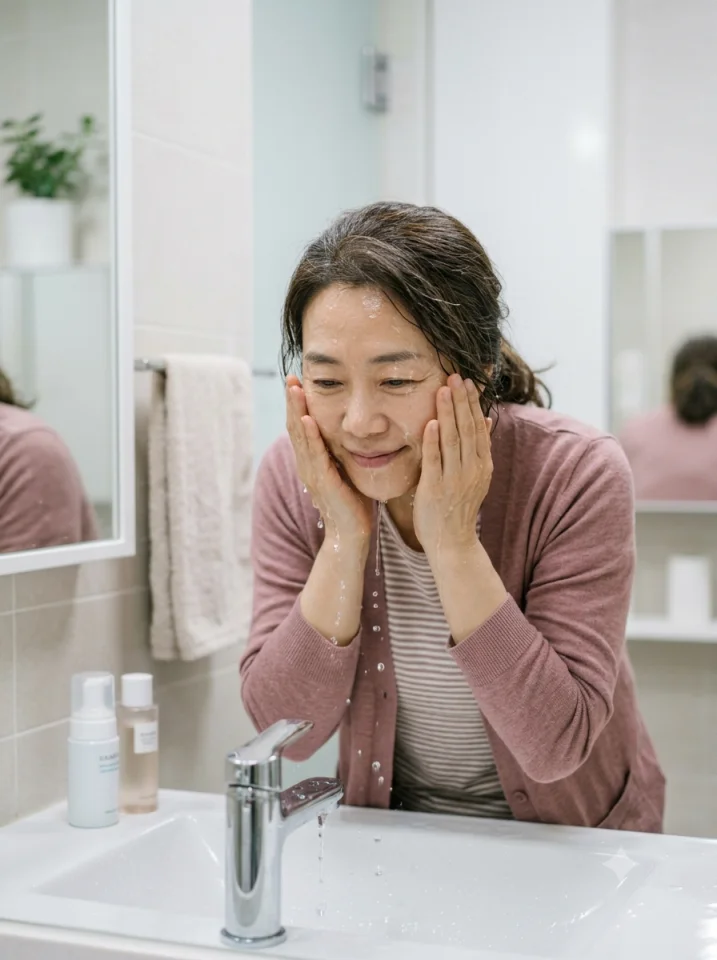 찬물로 세안하며 목 뒤를 식히는 여성