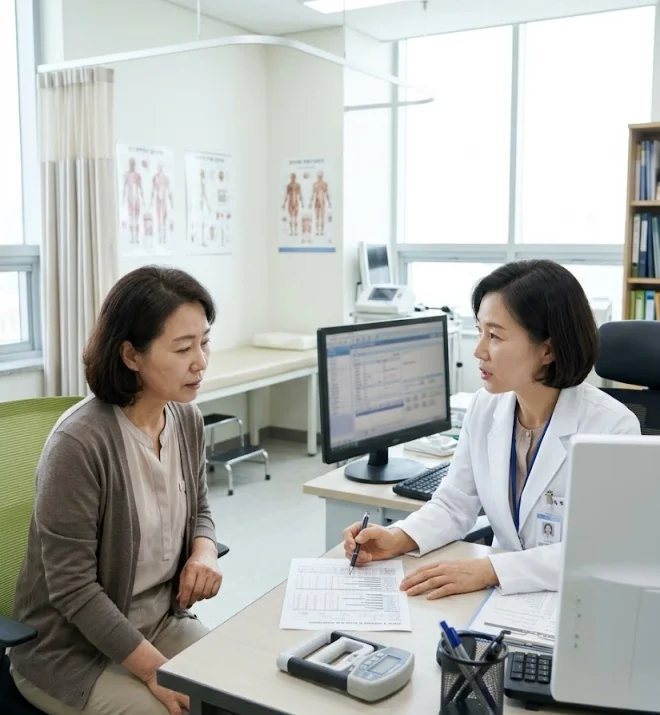 근감소증 검사 결과지를 보며 의사와 상담하는 중년 여성