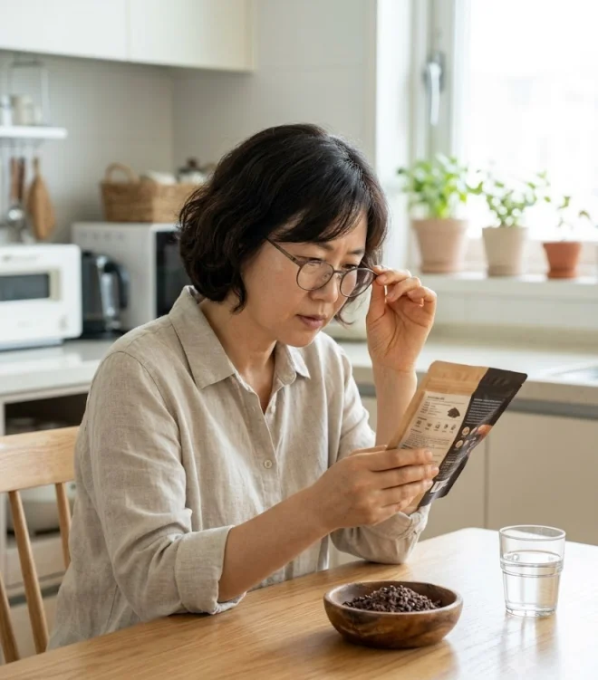 카카오닙스 포장 뒷면의 성분 라벨을 확인하는 중년 여성