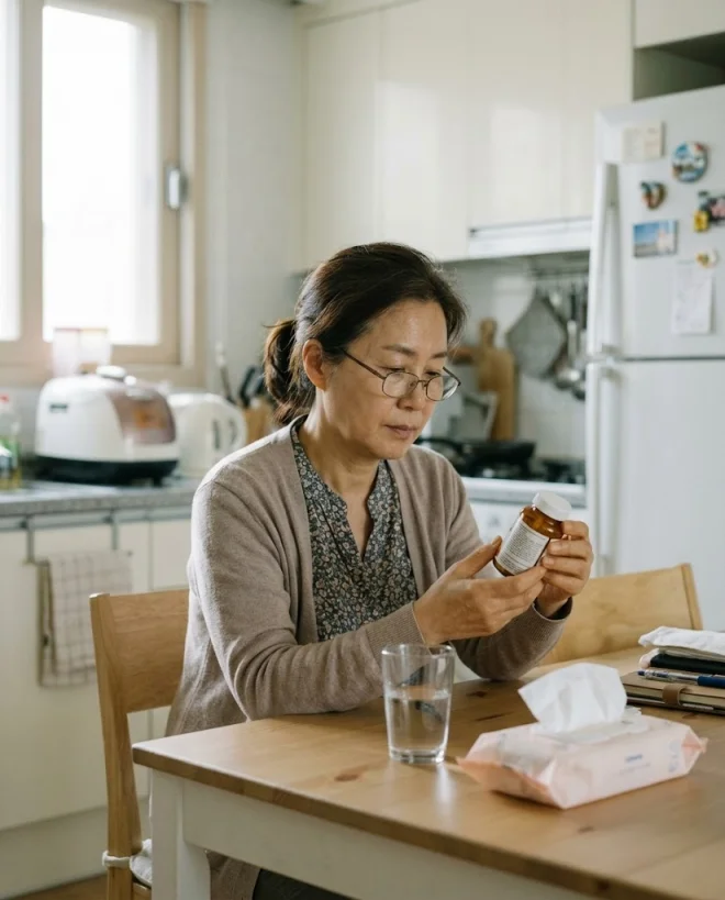 비염 영양제 라벨을 보며 고민하는 중년 여성