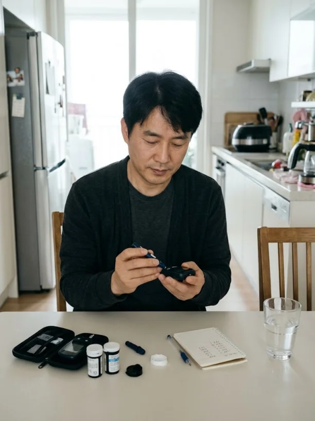 집에서 손가락 채혈로 혈당을 확인하는 중년 남성