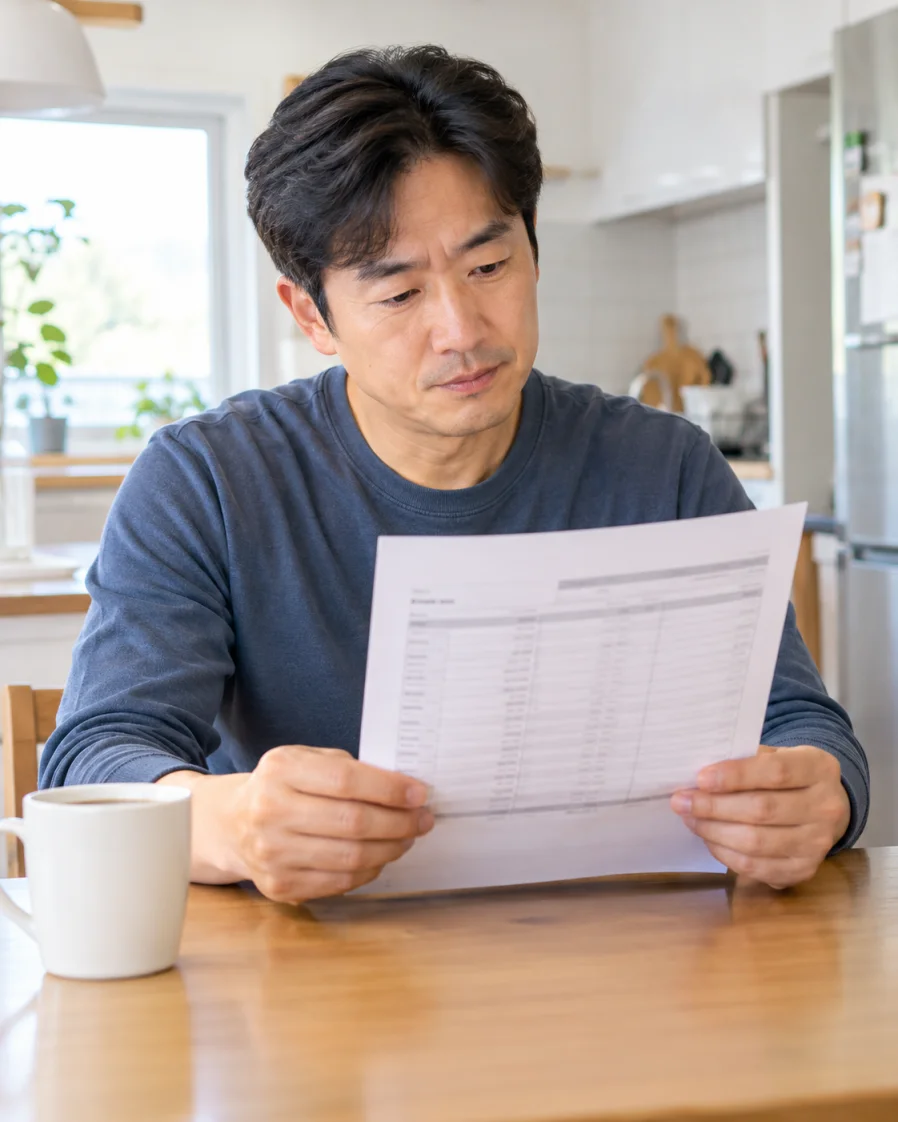 남성호르몬 검사 정상 수치가 적힌 결과지를 살펴보는 중년 남성