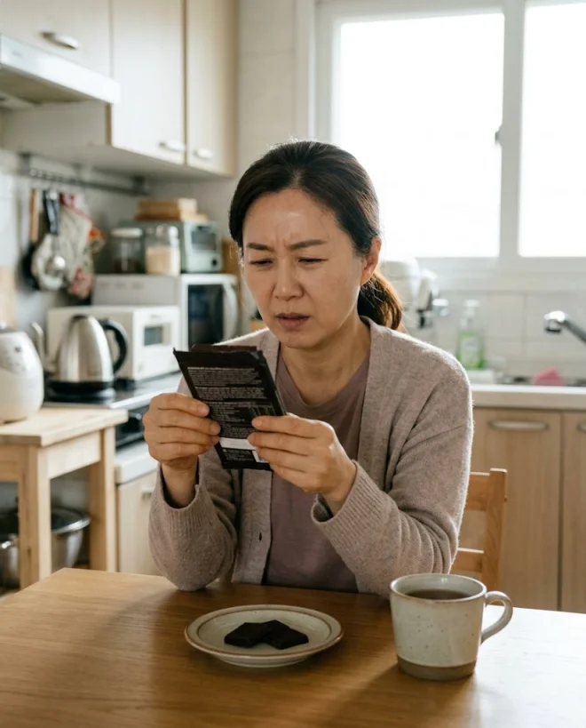 다크초콜릿 포장 뒷면의 성분표를 확인하는 한국인 여성