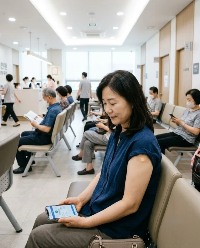 예방접종 후 병원 대기실에서 휴식하며 접종 기록을 확인하는 중년 여성