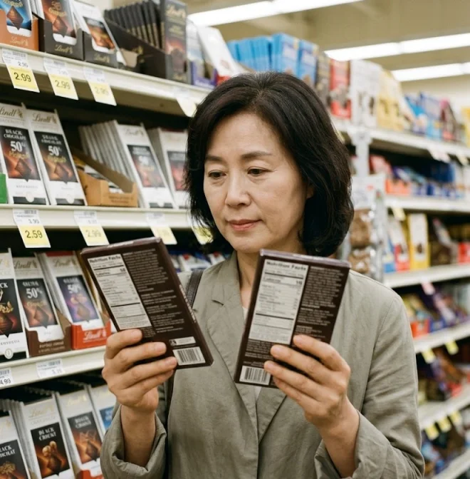 마트 진열대에서 다크초콜릿 라벨을 비교하는 중년 여성