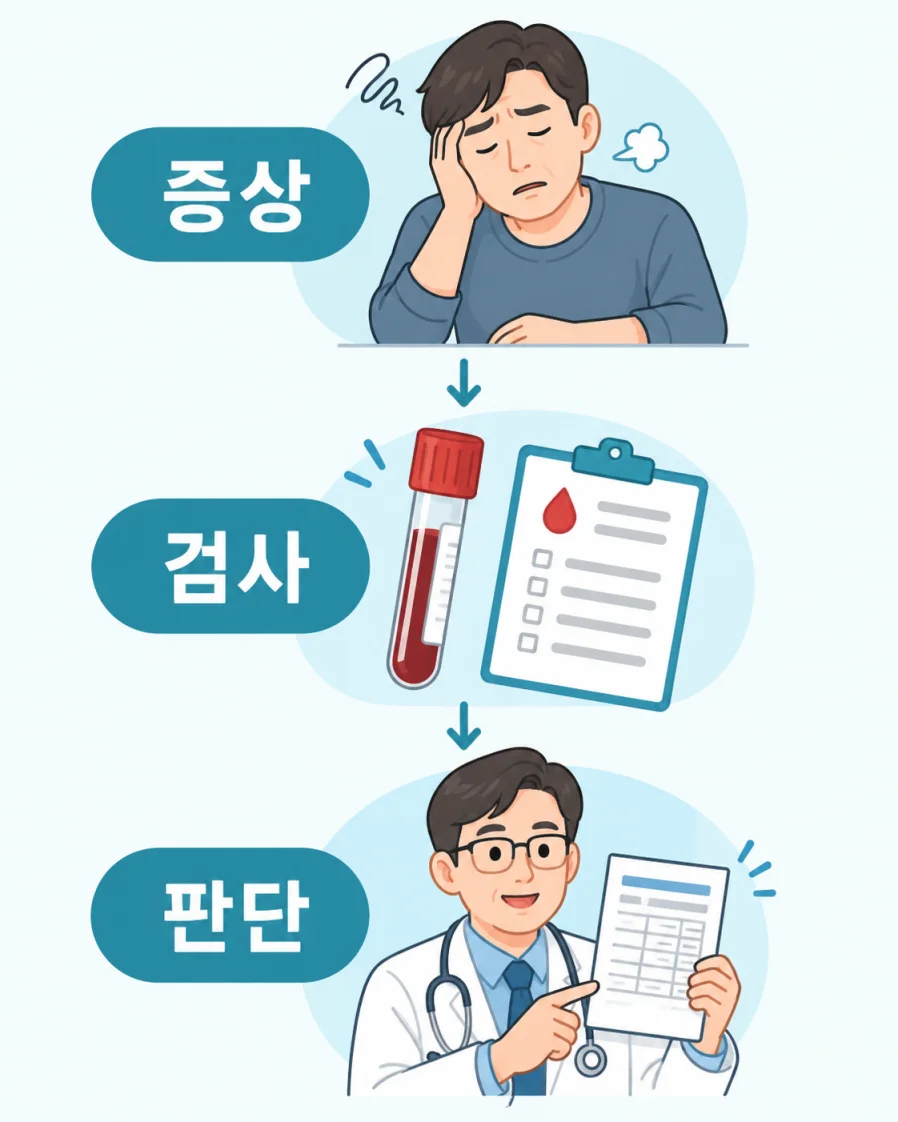 증상, 검사, 판단 세 단계로 이어지는 남성호르몬 검사 흐름 일러스트