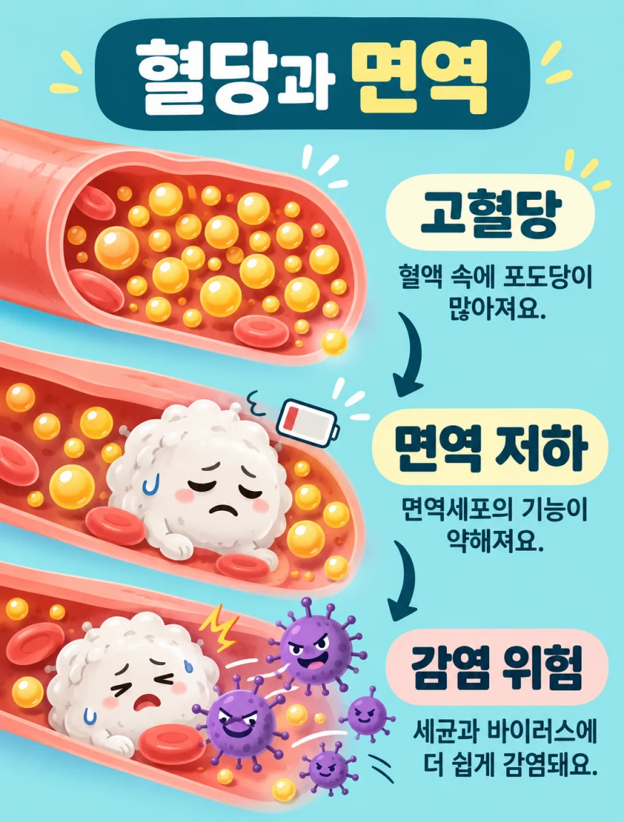 고혈당이 면역 저하와 감염 위험으로 이어지는 과정을 표현한 의학 일러스트