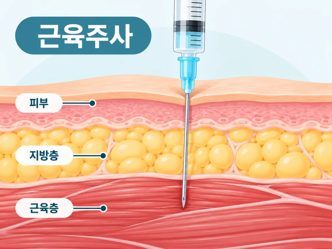 근육주사가 피부와 지방층을 지나 근육층에 들어가는 과정을 표현한 의학 일러스트