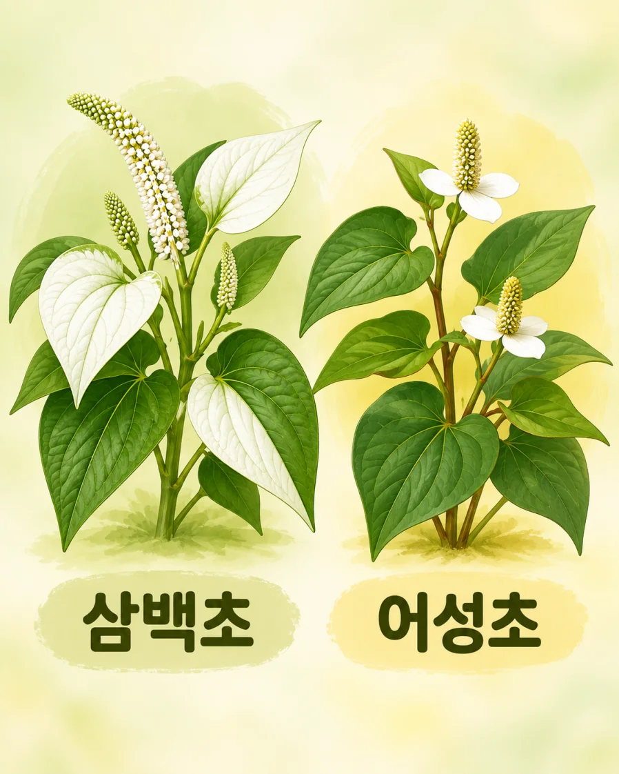 삼백초와 어성초의 생김새 차이를 비교한 식물 일러스트