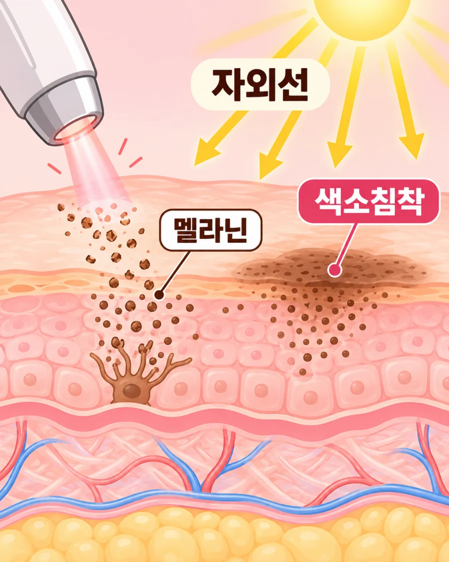 레이저 시술 후 자외선이 멜라닌 색소침착으로 이어지는 과정을 표현한 의학 일러스트