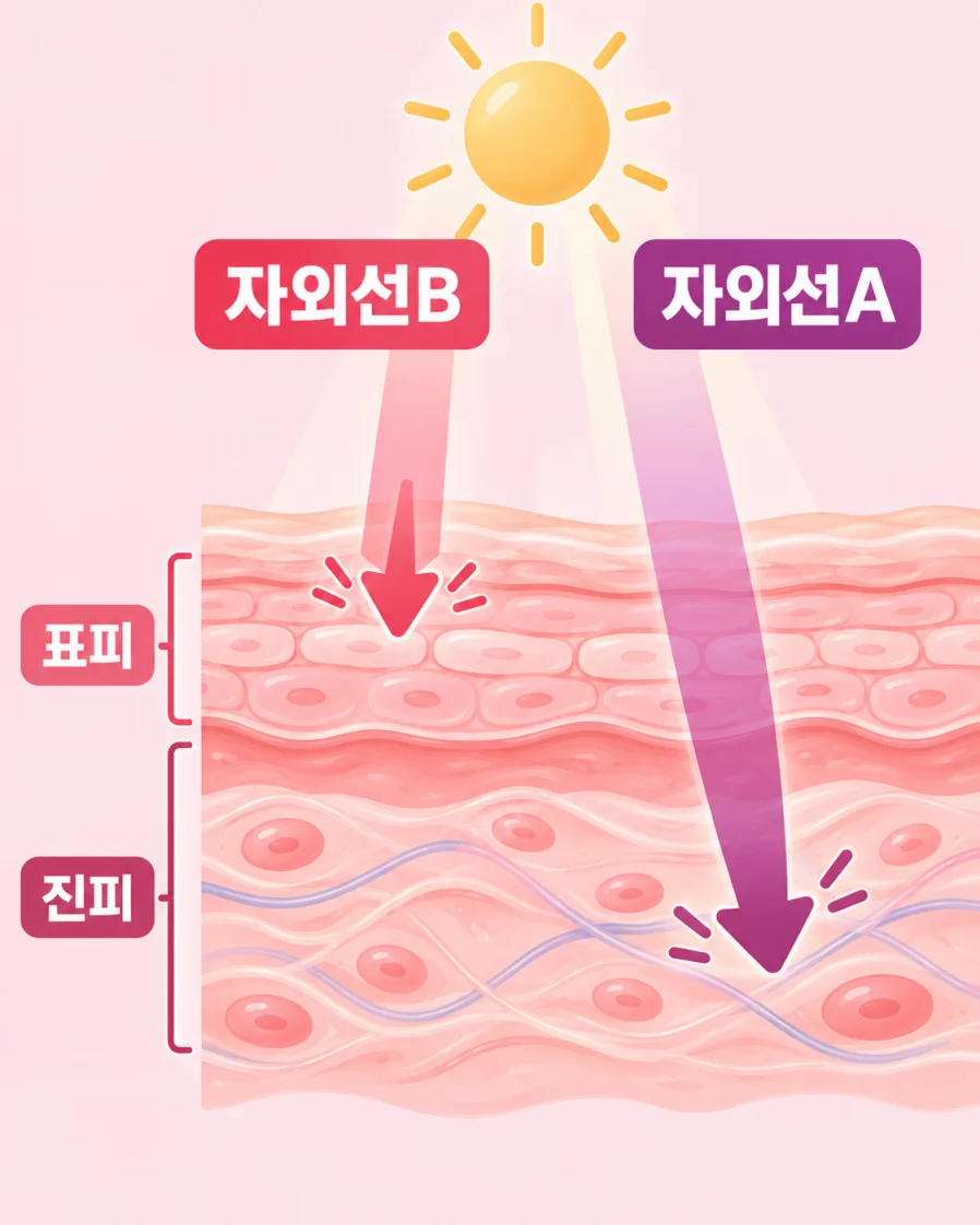 자외선A와 자외선B가 피부 층에 닿는 깊이를 표현한 의학 일러스트