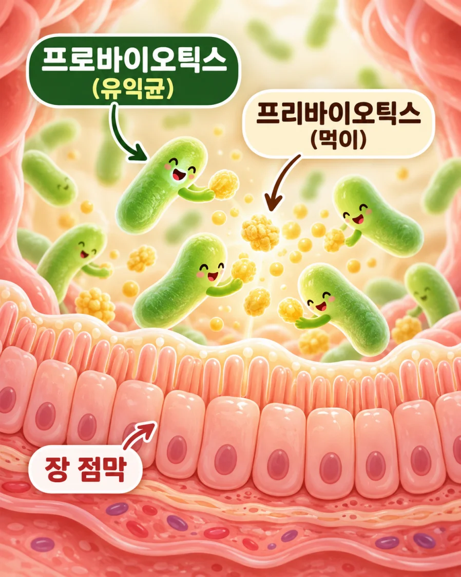 장 속에서 유익균인 프로바이오틱스가 프리바이오틱스를 먹이로 삼는 과정을 표현한 의학 일러스트