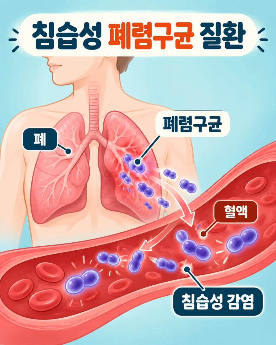 폐렴구균이 폐에서 혈액으로 퍼지는 침습성 감염 과정을 표현한 의학 일러스트
