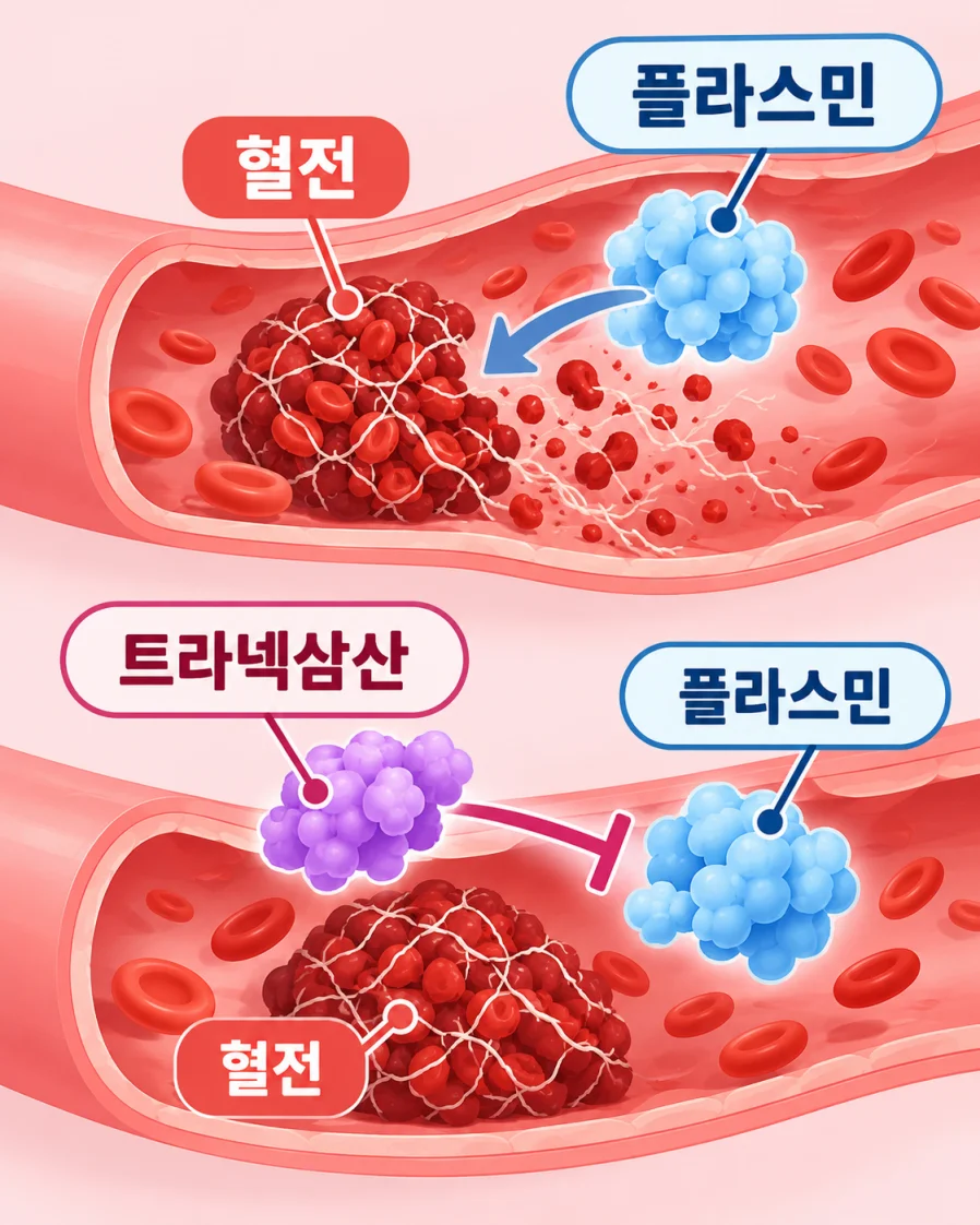 플라스민이 혈전을 분해하는 과정과 트라넥삼산의 작용을 표현한 의학 일러스트