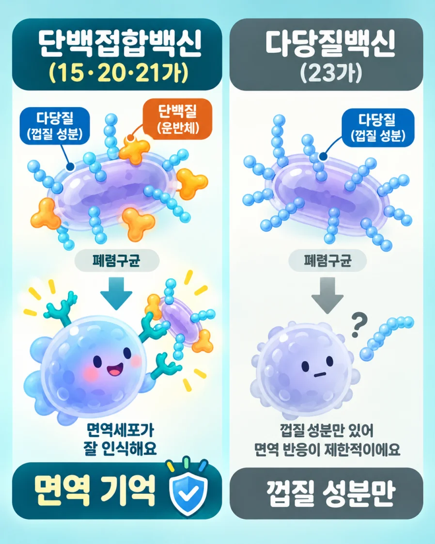 단백접합 백신과 다당질 백신의 구조 차이를 비교한 의학 일러스트